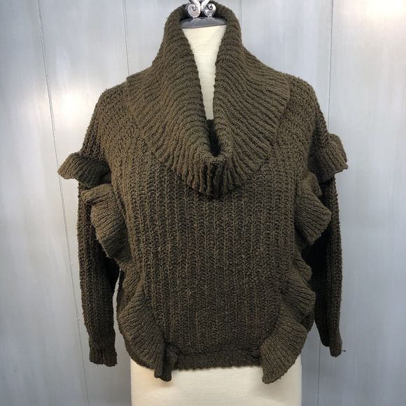 Express Cowl Neck Olive Green Crop Sweater Size Small Ruffle Detail Cowl Neck - Picture 3 of 11